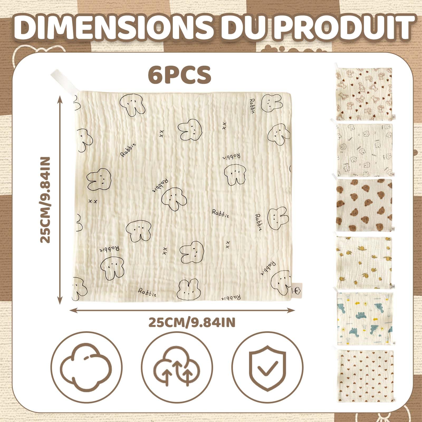 Lot 6 Lange Bebe Coton 25x25cm, Langes Coton bébé Doux et absorbants, Carre Coton Bebe Multi Usage, Lange Bebe lingettes Visage Bain Repas, Langes Bebe Motifs Mixte garçon Fille