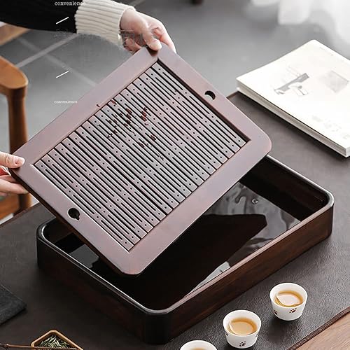 Miniatura 3 de Bandeja de té de bambú de 14 pulgadas, bandeja de té de gongfu chino de bambú, almacenamiento de agua, mesa de té de bambú, juego de té vintage
