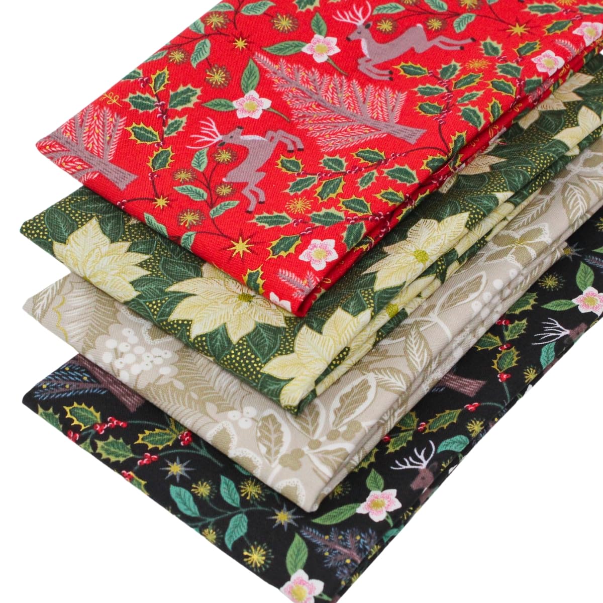 4 Fat Quarters Bundle – ‘Festive Forest’ Christmas Fabrics in Shades of Red, Green & Beige. Ideal for Xmas Quilting, Patchwork & Crafting. 100% Cotton (Free Patchwork Pattern by Overdale Fabrics)