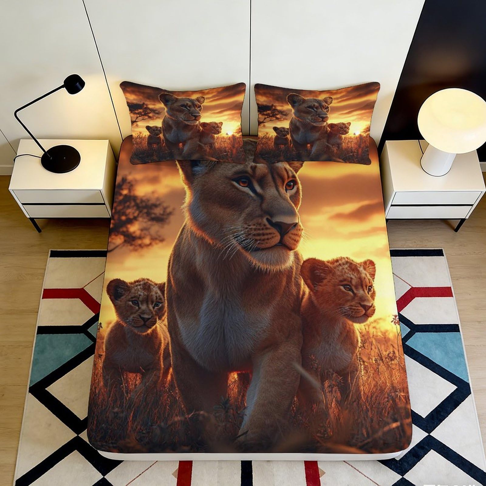 3D Printed Lion Family Fitted Sheet Microfiber Soft Brown Sunset Savannah Bed Cover for Bedroom Guest Room Décor 90x200x25cm
