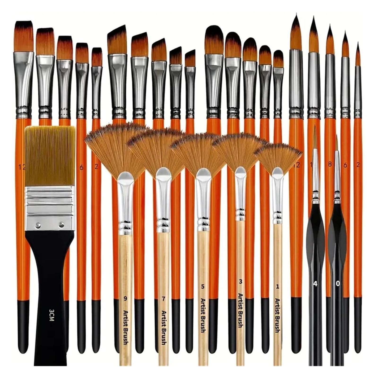 Pinsel 28/32-teiliges Pinselset, Künstlerserie, Nylonborsten mit runden, Filbert-, flachen, fächerförmigen und abgewinkelten Borsten, feinen Detailpinsel for Künstler(Orange)