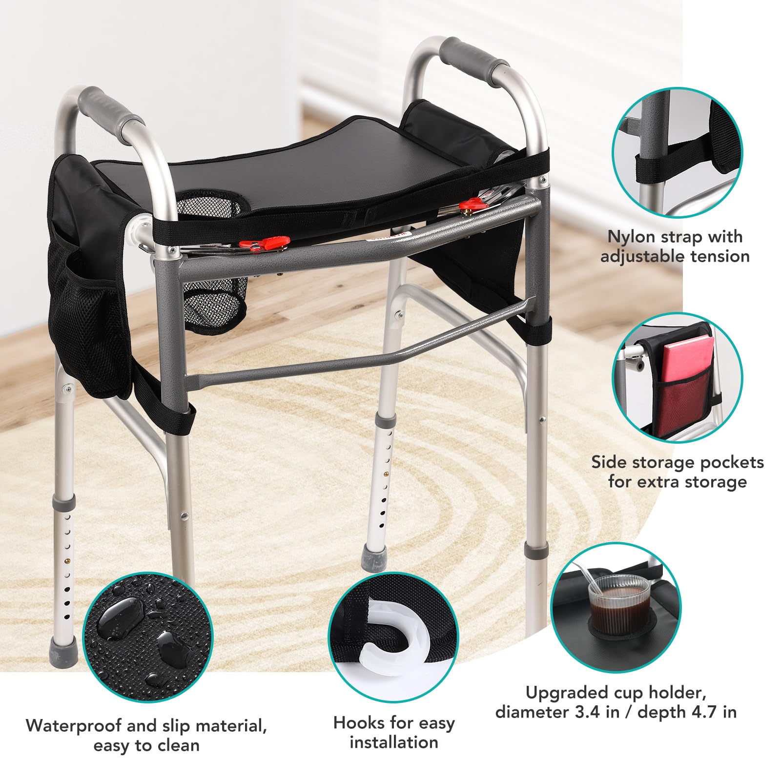 Hook-On Walker Tray, Cup Holder & Tool Free Quick Assembly, Non Slip Mobility Table for Seniors, Multi Functional Removable Tray, Portable Multipurpose Walker Accessories