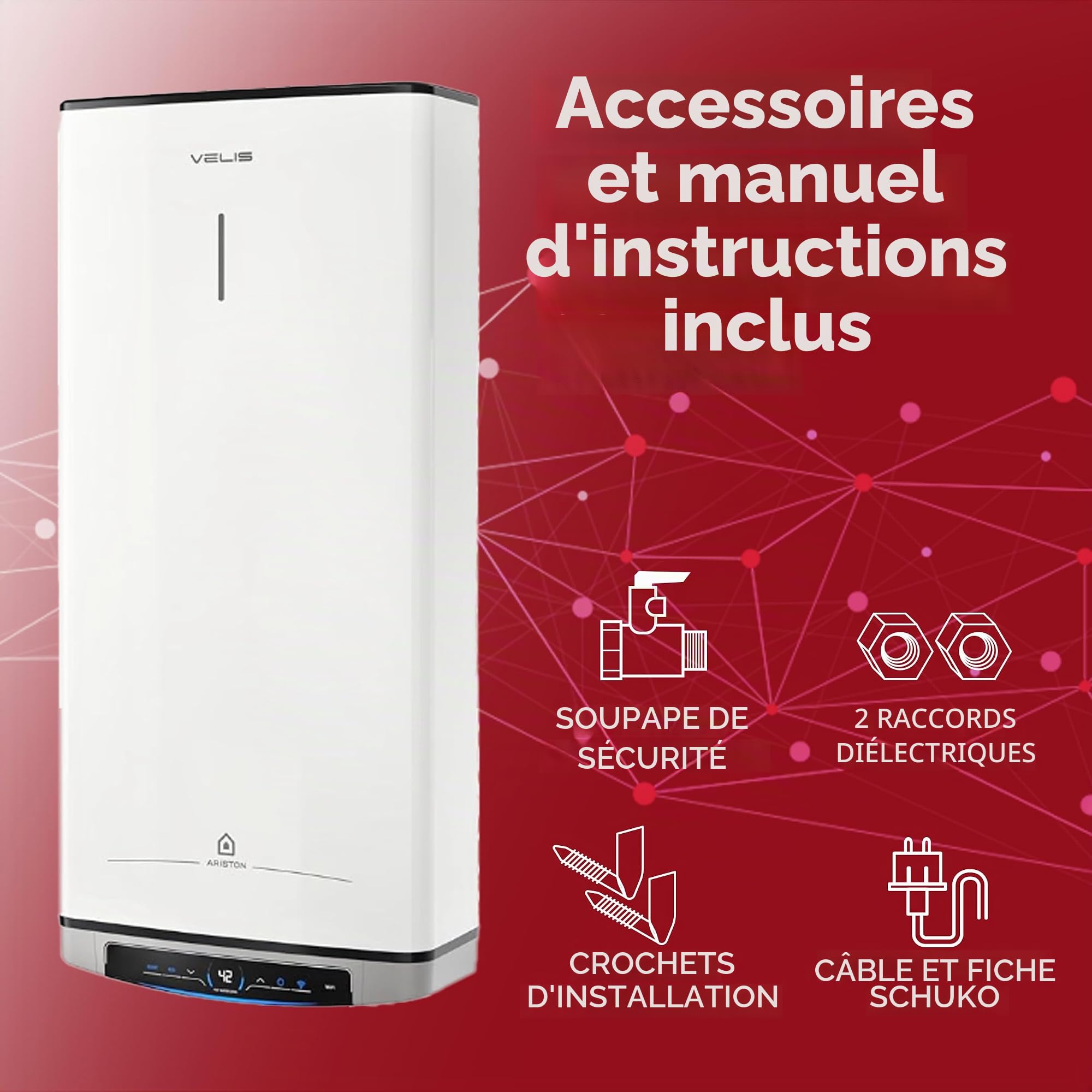 Ariston Velis Dune Chauffe-eau électrique à Double Réservoir ECOEVO, Contrôle de la Température à Distance 50L, Vertical/Horizontal 275 x 506 x 776, Chauffe-Eau Électrique à Double Réservoir ECOEVO