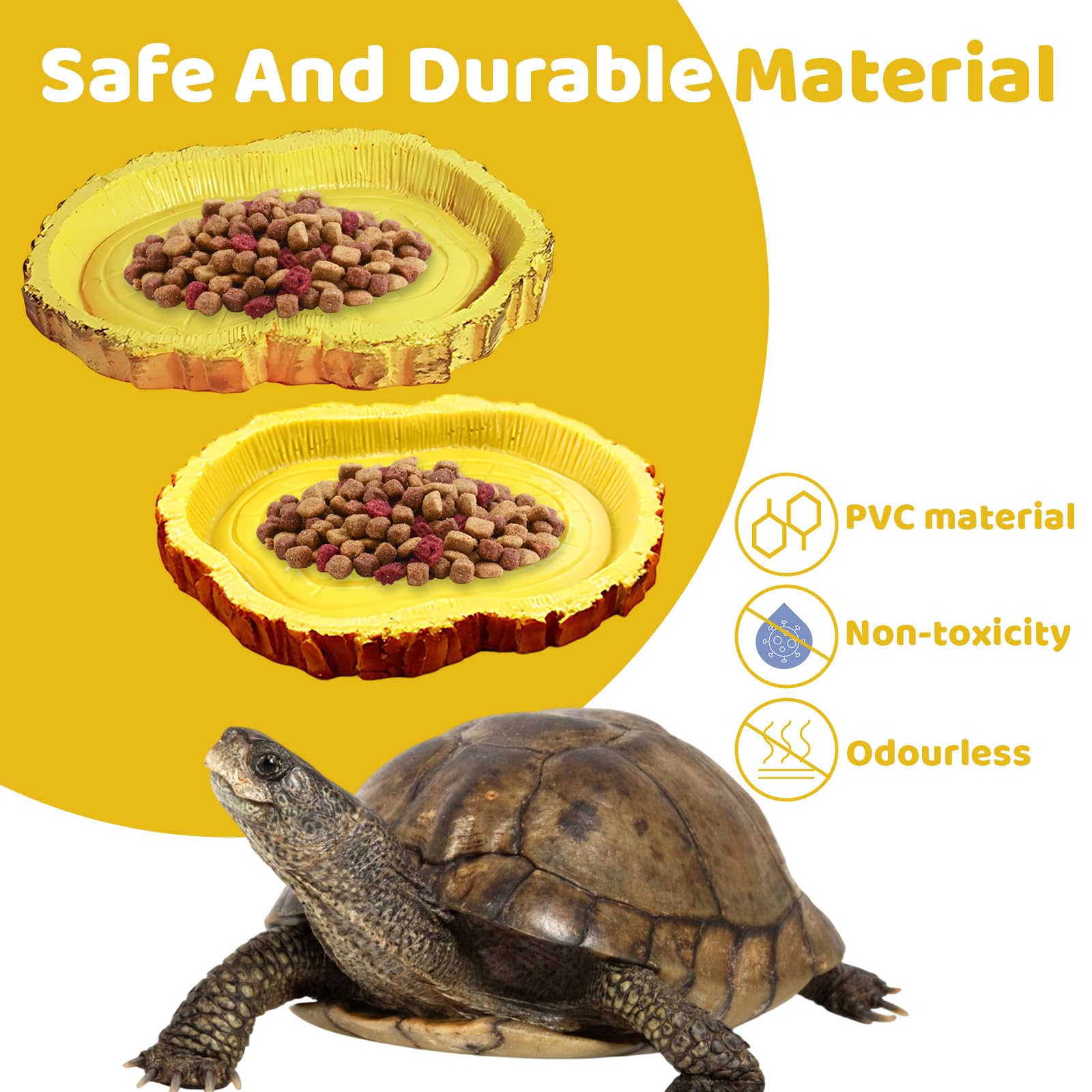 EujRcf 2PCS Tortoise Accessories, Tortoise Water Bowl Set, Small Reptile Water Dish with Yellow Wood Grain Design - Image 3