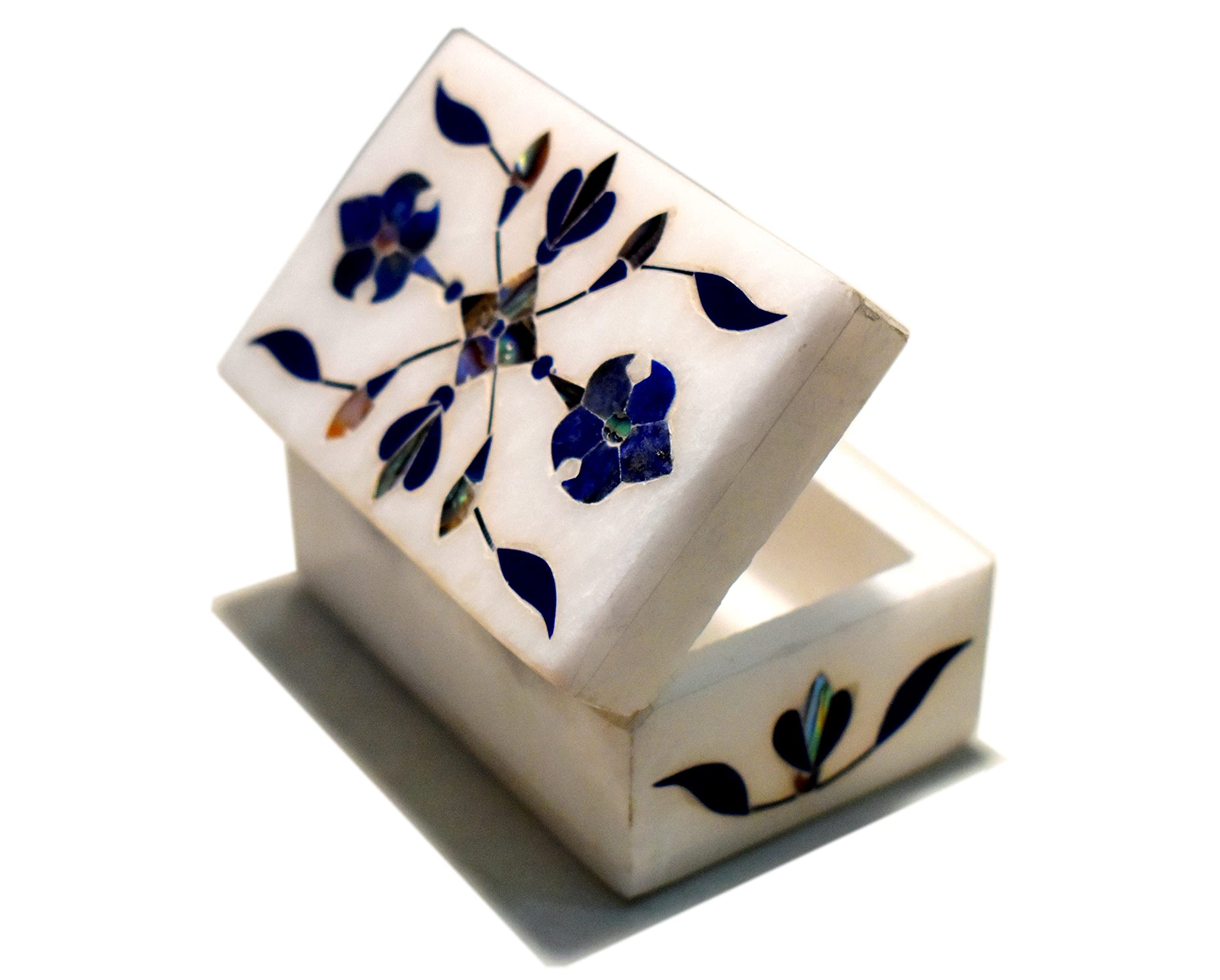 MARBOGLASS India Handicraft Marble floral Inlay Work Jewelry Box for Small Precious Rings 3X2 inch Rectangular Shape (Blue)-image-31