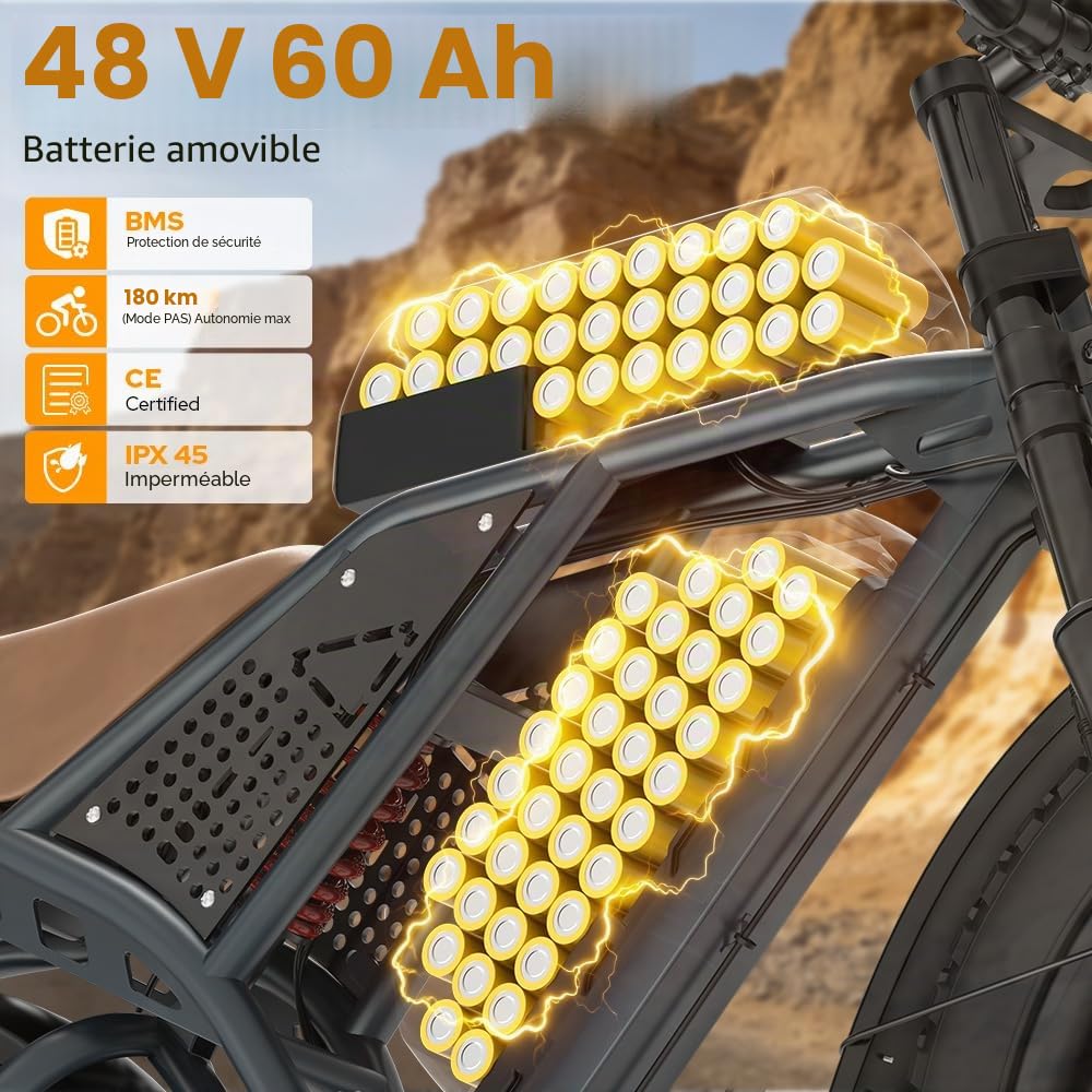DEEPOWER S8 Vélo Électrique À Double Moteur, Batterie Amovible 48V 60Ah, Autonomie De 120‑250KM, Pneus Larges 20", 7 Vitesses, Suspension Intégrale, Freins Hydrauliques, VTT Électrique