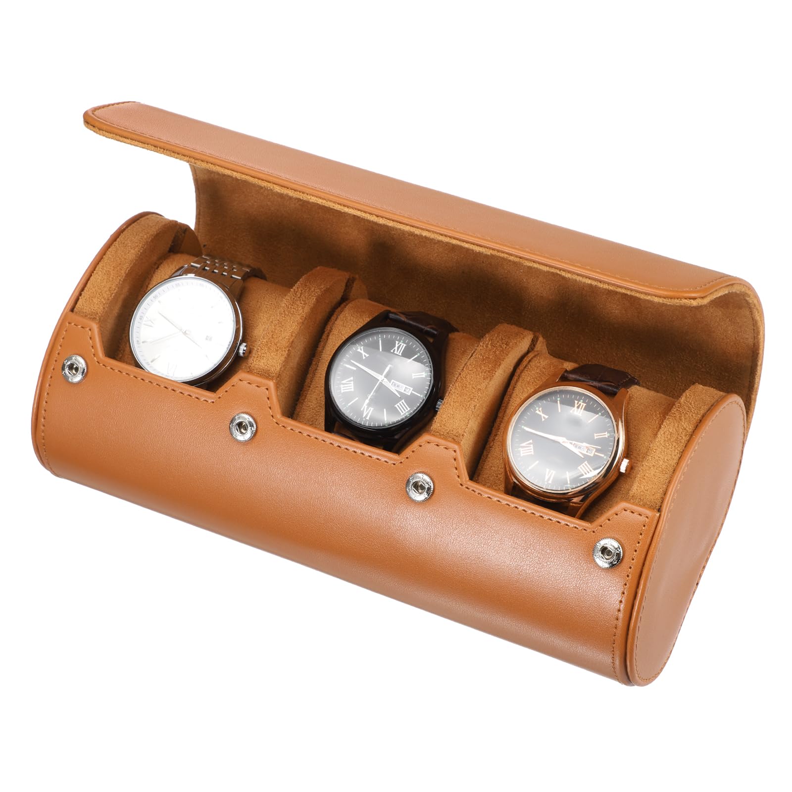 HVMBEUGOS sourcing map Watch Travel Case for Men Leather Watch Roll Travel Case Portable Watch Storage Box for Christmas, Birthday, and Anniversary 3 Slot (Brown)