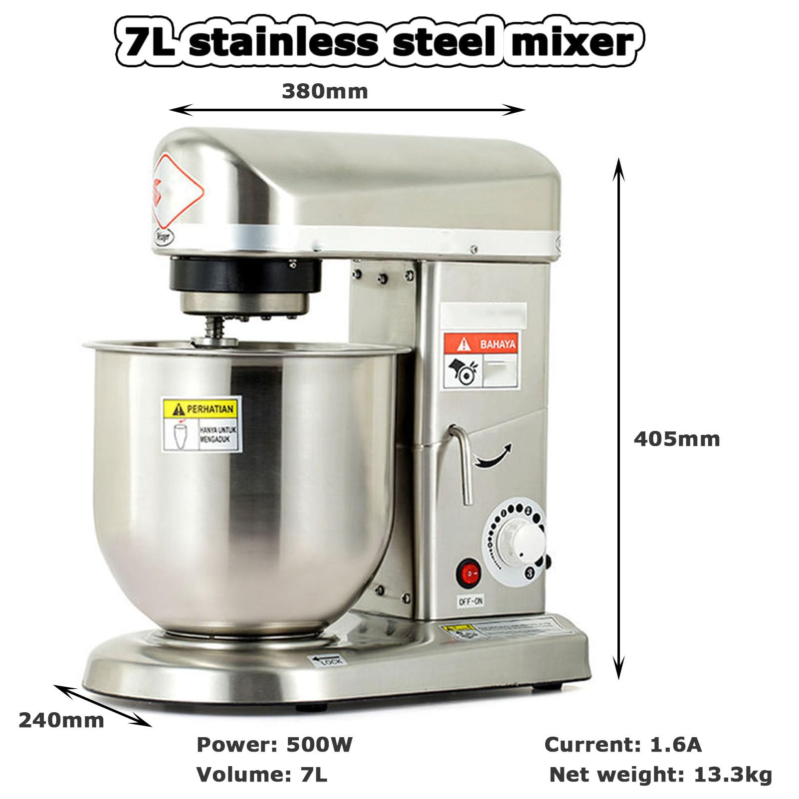 Oiyekntd Commercial Stand Mixer, Food Mixers for Baking, Electric Kitchen Mixers with Bowl, Dough Hook, Wire Whip Beater, for Bakery Pizzeria (Silver 7L)