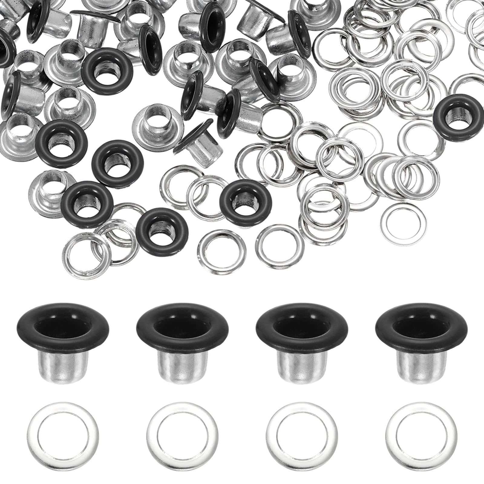 sourcing map 120 Pcs Grommets Eyelets, 3 mm Round Grommets Kit Metal Eyelets with Washers Leather Working Tools for DIY Crafts Making Clothes Bags Shoes Belts Canvas, Bright Black