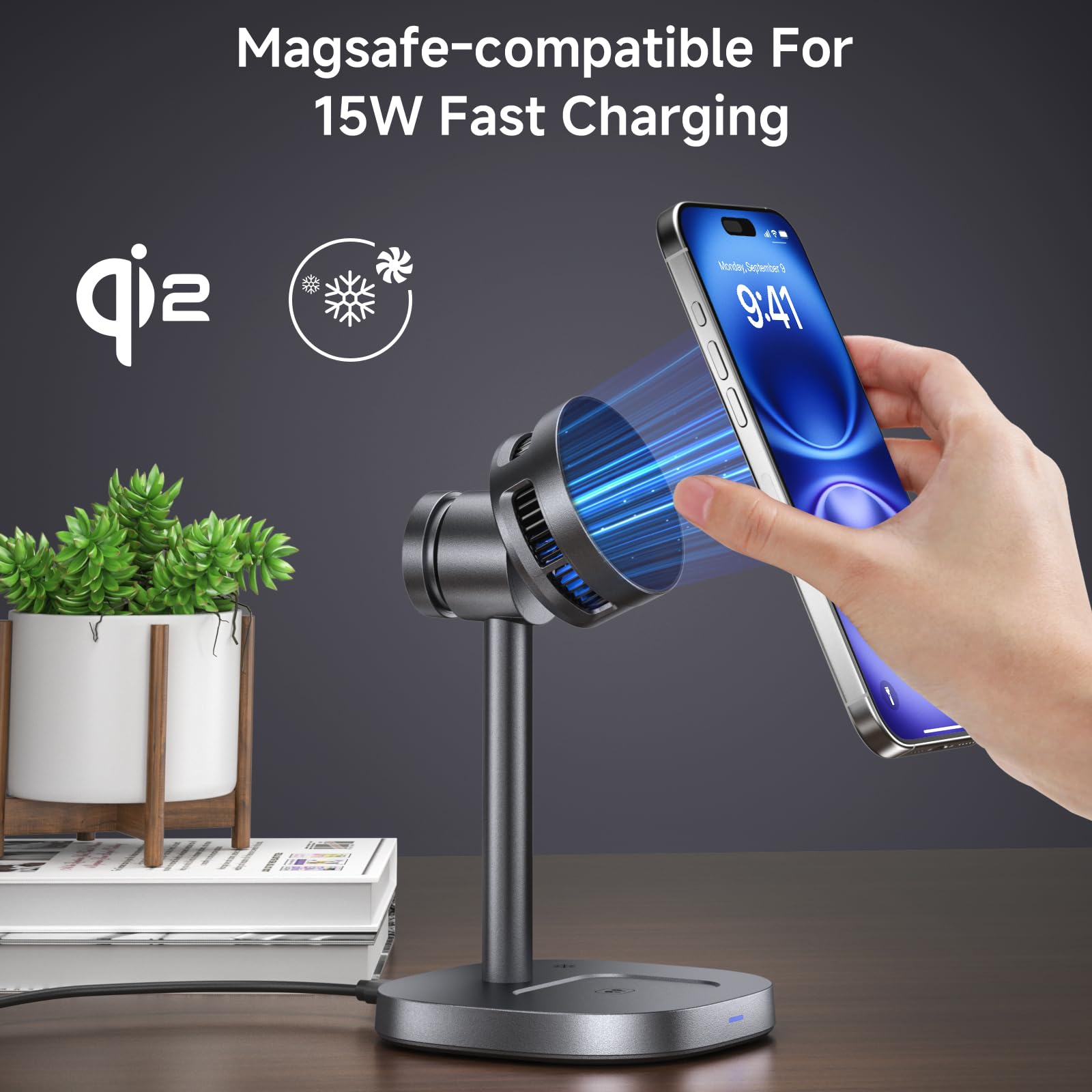 Stazione di ricarica wireless magnetica 3 in 1 con ventola di raffreddamento, caricabatterie rapido Qi2 da 15 W, supporto per caricabatterie wireless compatibile con iPhone 16/15/14/13/12