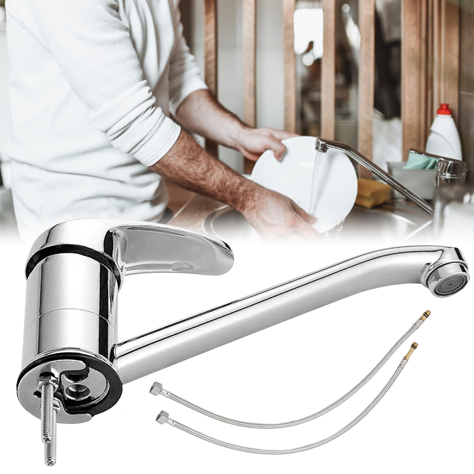 Kitchen Mixer Tap with Long Swivel Spout,Single Top Lever Kitchen Mixer Tap Mit 2pcs Hoses 60cm 1/2 Monobloc Faucet for Caravan & Home Sinks Bar Sink Faucet Tap - Image 3