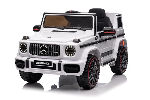 Coche electrico para niños Mercedes G63 AMG 12V Licencia con Control Remoto, 2 Potentes Motores, /2 + 1 Velocidad/Sistema de Suspensión/Bocina/LED/Música/USB (Blanco)
