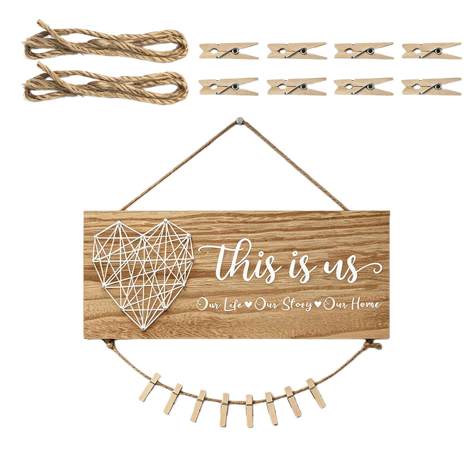 MURYE Farmhouse Rustics Wood Hanging Photo Holder, This Is We Family Picture Frame Wall Decors Hanging Photo Display with Clip Display Wall Decors