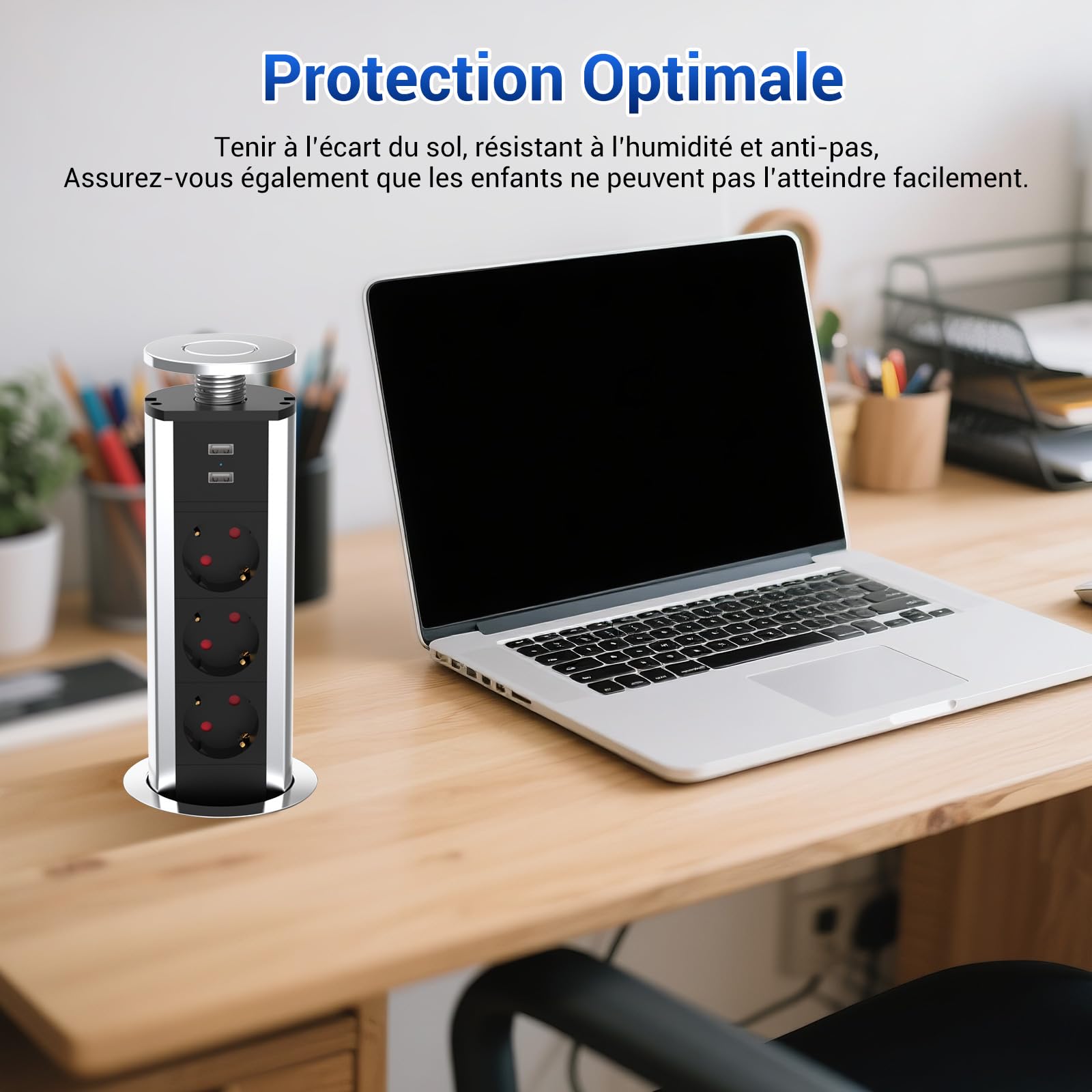 Presa a scomparsa piano di lavoro con 3 prese e 2 USB-A | Diametro 80 mm, cavo 1,8 m, multipresa da incasso per cucina, ufficio, camera da letto, soggiorno