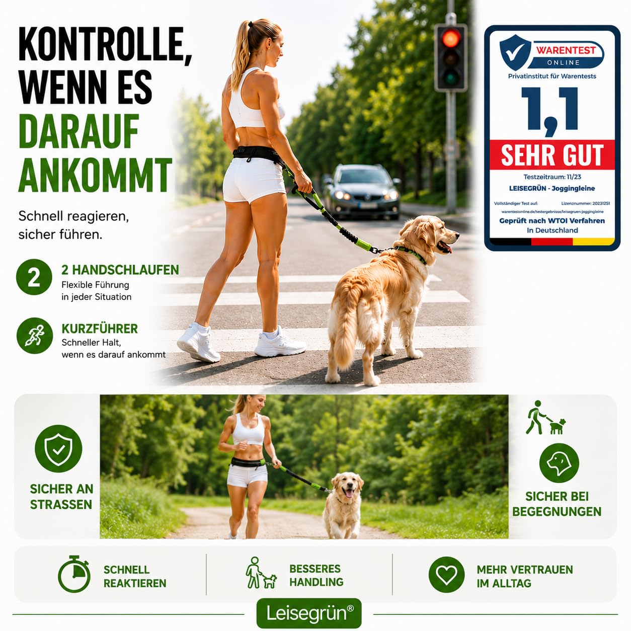 Leisegrün Joggingleine große Hunde bis 60 kg mit Bauchgurt & Bungeeleine | Freihand-Hundeleine, verstellbarer Bauchgurt, elastisch & ruckdämpfend, reflektierend – ideal zum Joggen, Wandern, Canicross