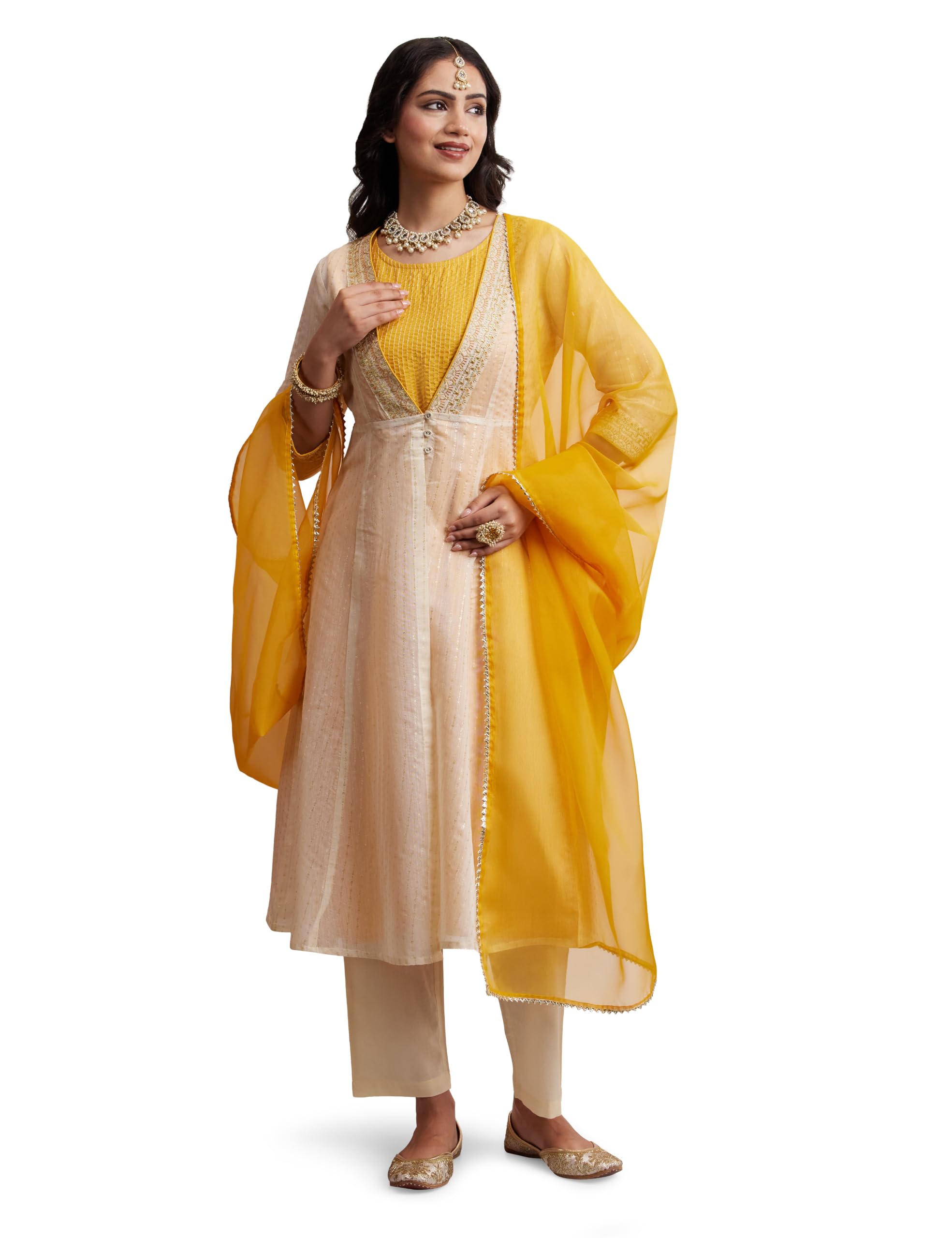 Amazon Myx Women's Layered Kurta Set White White/Mustard - Image 1