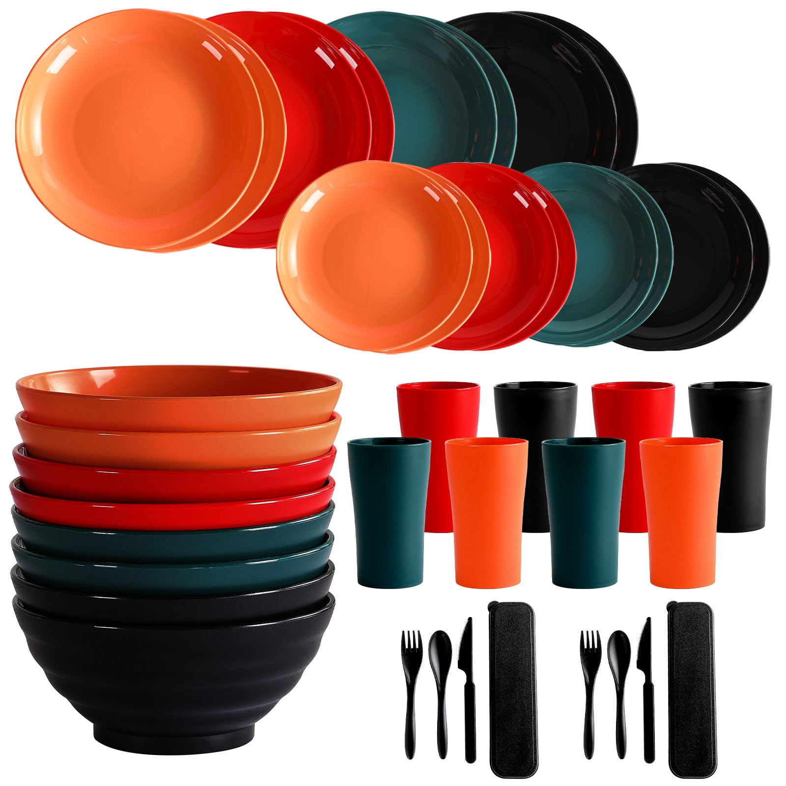 Hunnycook 40 PCS Unbreakable Plastic Dinnerware Sets, Multicolor Dishes Set, Reusable Plastic Dinnerware Set, Travel Camping Cutlery Set, Microwave Dishwasher Safe Dinnerware