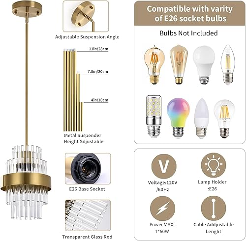 Miniatura 5 de Lámparas colgantes, iluminación colgante de cristal moderna de 7 pulgadas, luces colgantes de isla de cocina de color latón, iluminación colgante