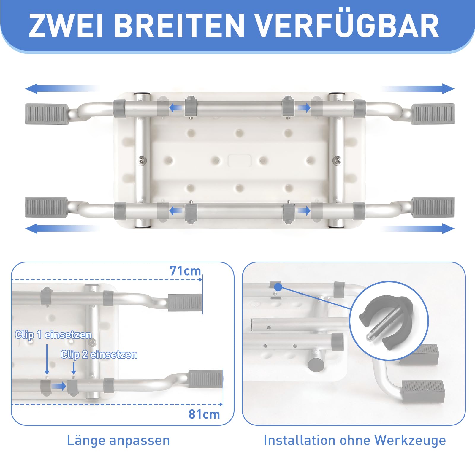 Badewannensitz Senioren Grau mit rutschfesten Auflagen & verstärktem Aluminiumrohr – Stabiles Badewannenbrett bis 120 kg, Verstellbar 71–81 cm
