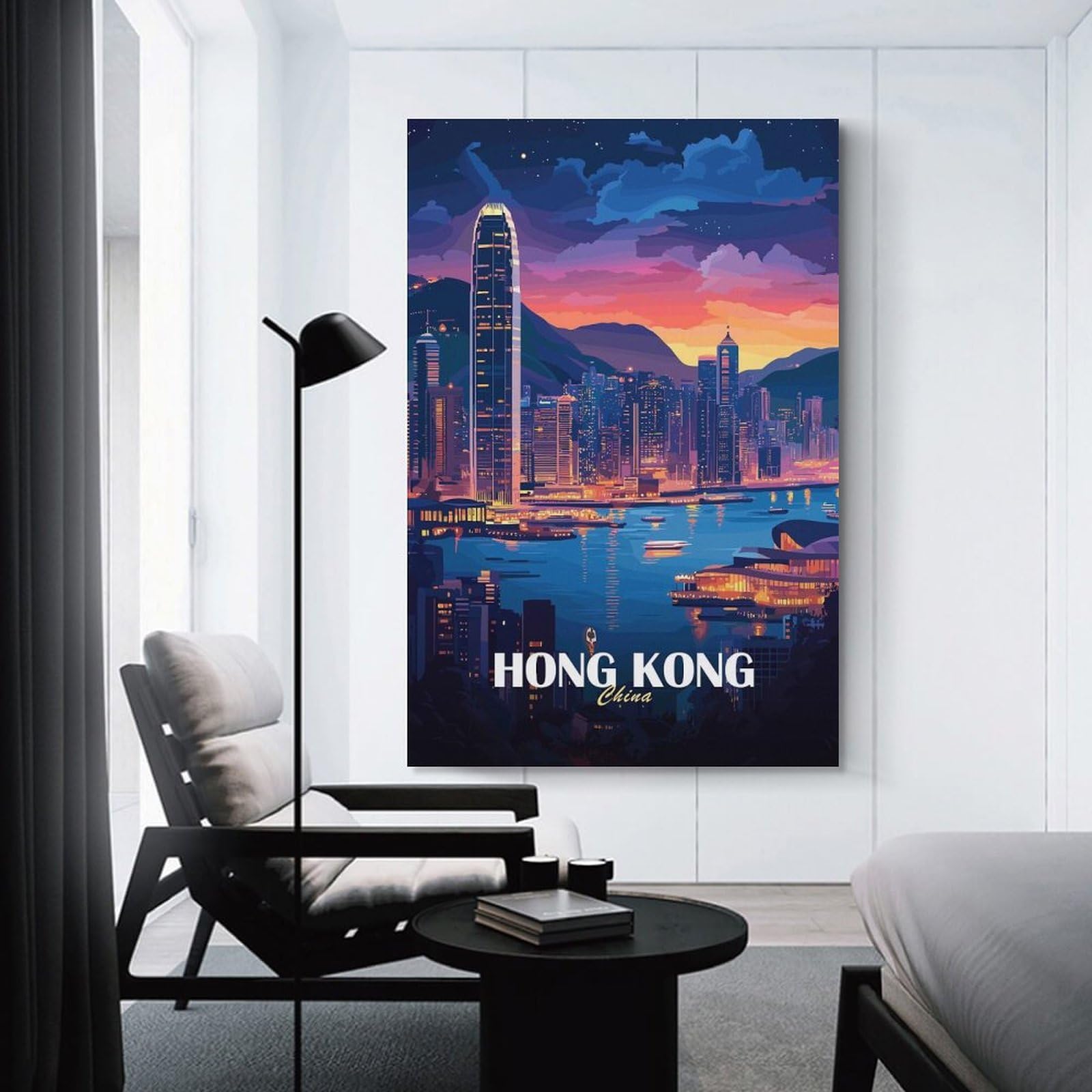 Junmoney Hanging Wall Art Hong Kong Cityscape at Dusk, 24x36inch(60x90cm), for Work Areas, Reading Rooms Or Studios, Wall Art That Adds Style to Work Areas