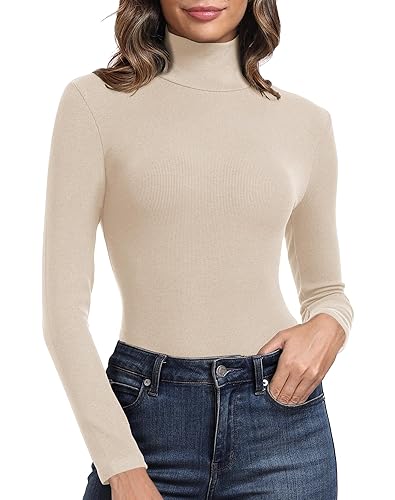 PALINDA Women's Ribbed Turtleneck Fitted Long Sleeve Shirts Basic Thermal