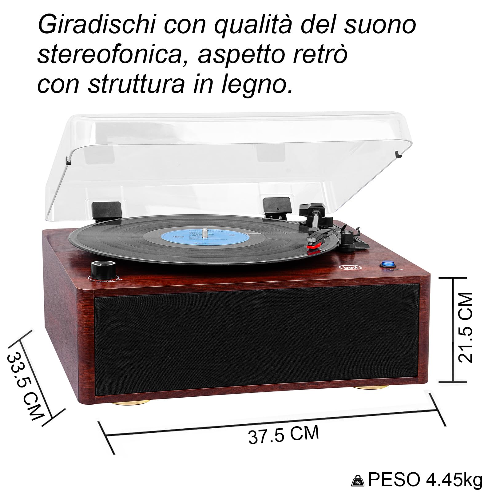 Trevi TT 1030 BT Giradischi con Mobile in Legno, Connessione Audio Wireless Entrata/Uscita, Lettore Vinili 33/45/78 Giri, Uscita RCA, Altoparlanti Incorporati