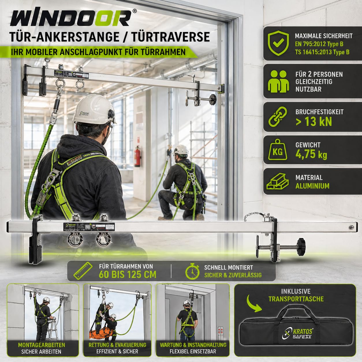 Kratos Safety Tür-Ankerstange, Türtraverse, inklusive Transporttasche, 60-125 cm, für 2 Personen, PSA, EN795
