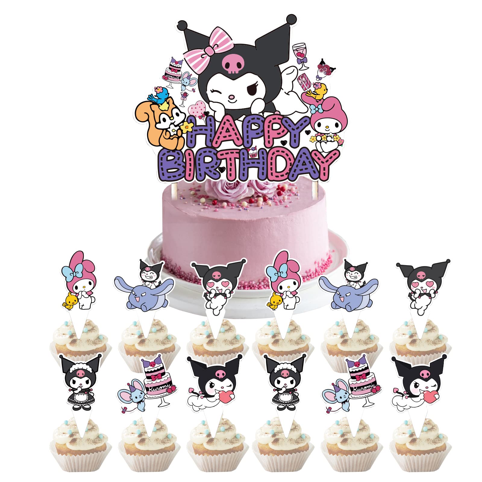 13 Pcs Kouromie Cupcake Toppers RHYII-Happy Birthday Party Supplies Kuromi Cake Decorations,Party Decorations Birthday Party Supplies, Glitter Personalized Cake Decor for Boys Girls
