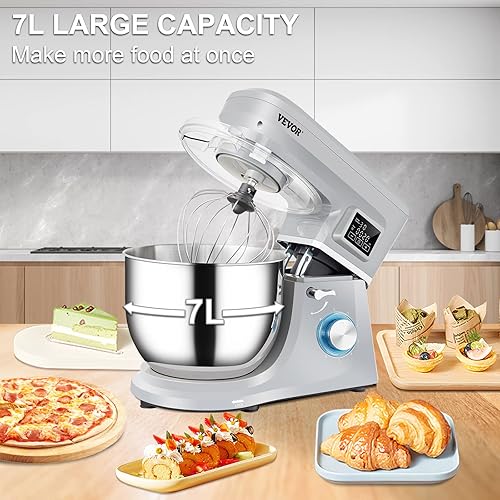Miniatura 6 de VEVOR Batidora de pie mezcladora eléctrica de masa de 660 W con temporizador de pantalla LCD de 6 velocidades mezclador de alimentos con cabezal