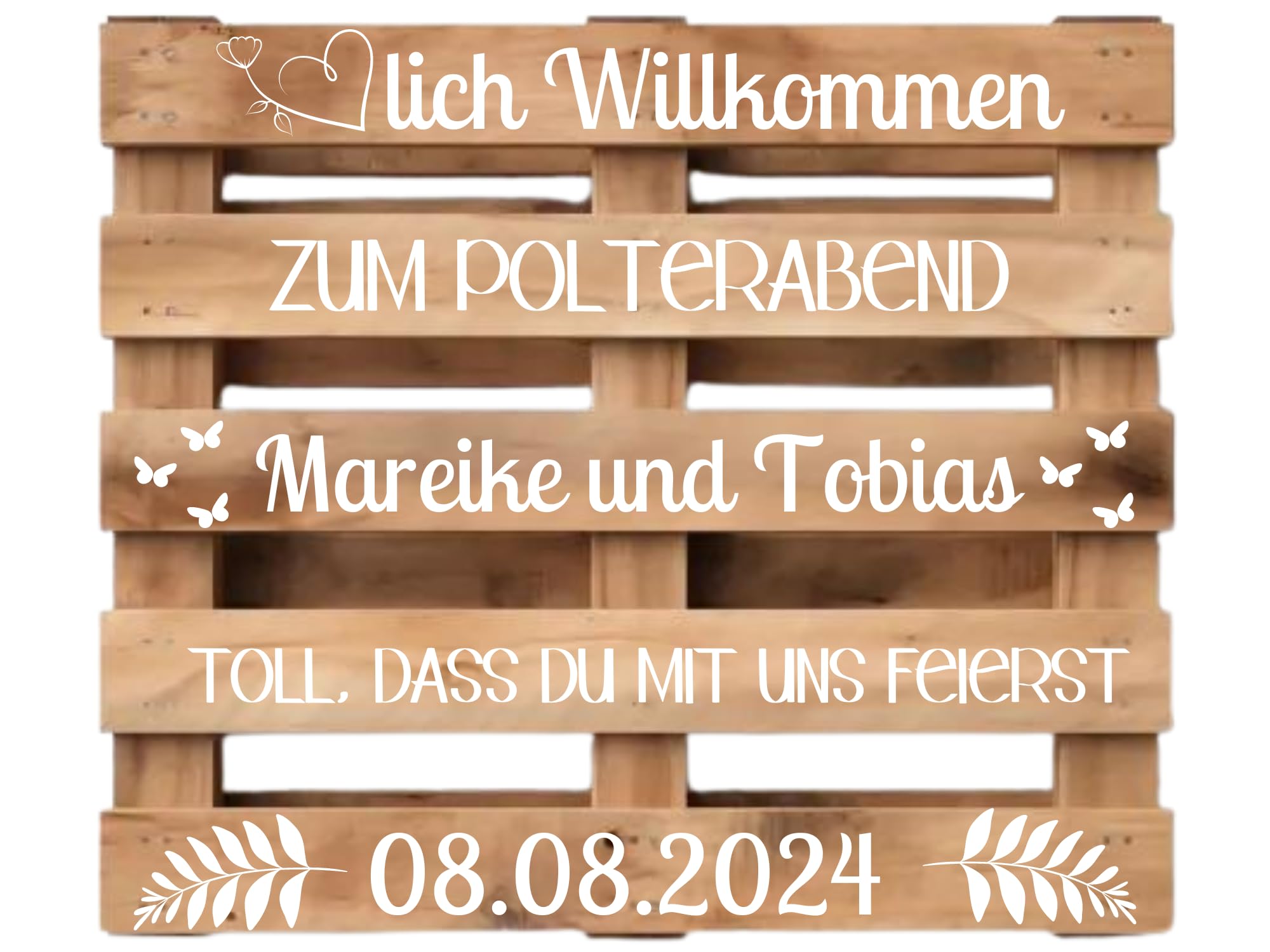 Palettenaufkleber Polterabend, personalisiert mit Namen und Datum in Schwarz oder Weiß, Aufkleber für Palette passend für Europalette, Diy Hochzeitspalette, Klebeschrift