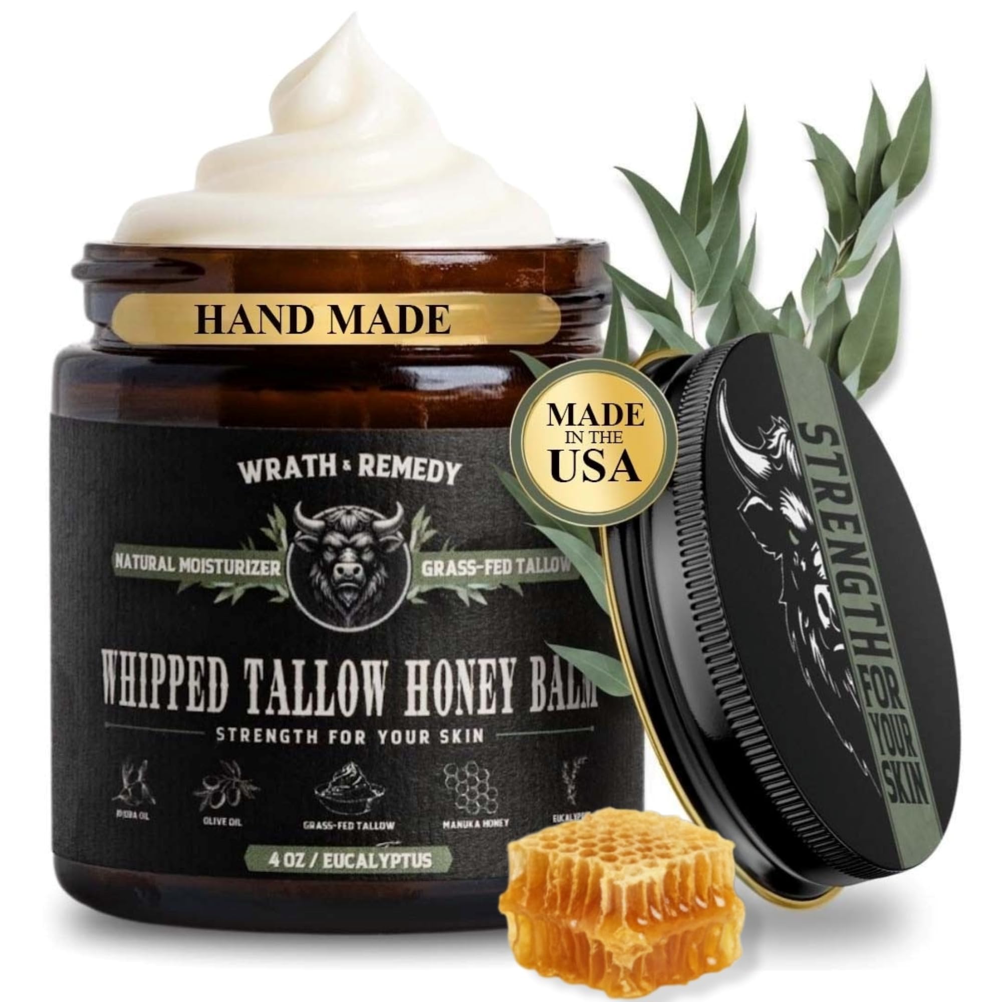 Wrath & Remedy Handmade Whipped Organic Beef Tallow for Skin - 4 OZ (Eucalyptus) — Grass Fed Beef Tallow Moisturizer and Honey Balm for Silky, Sensitive-Skin, Eczema, Rosacea - Free of Harsh Chemicals