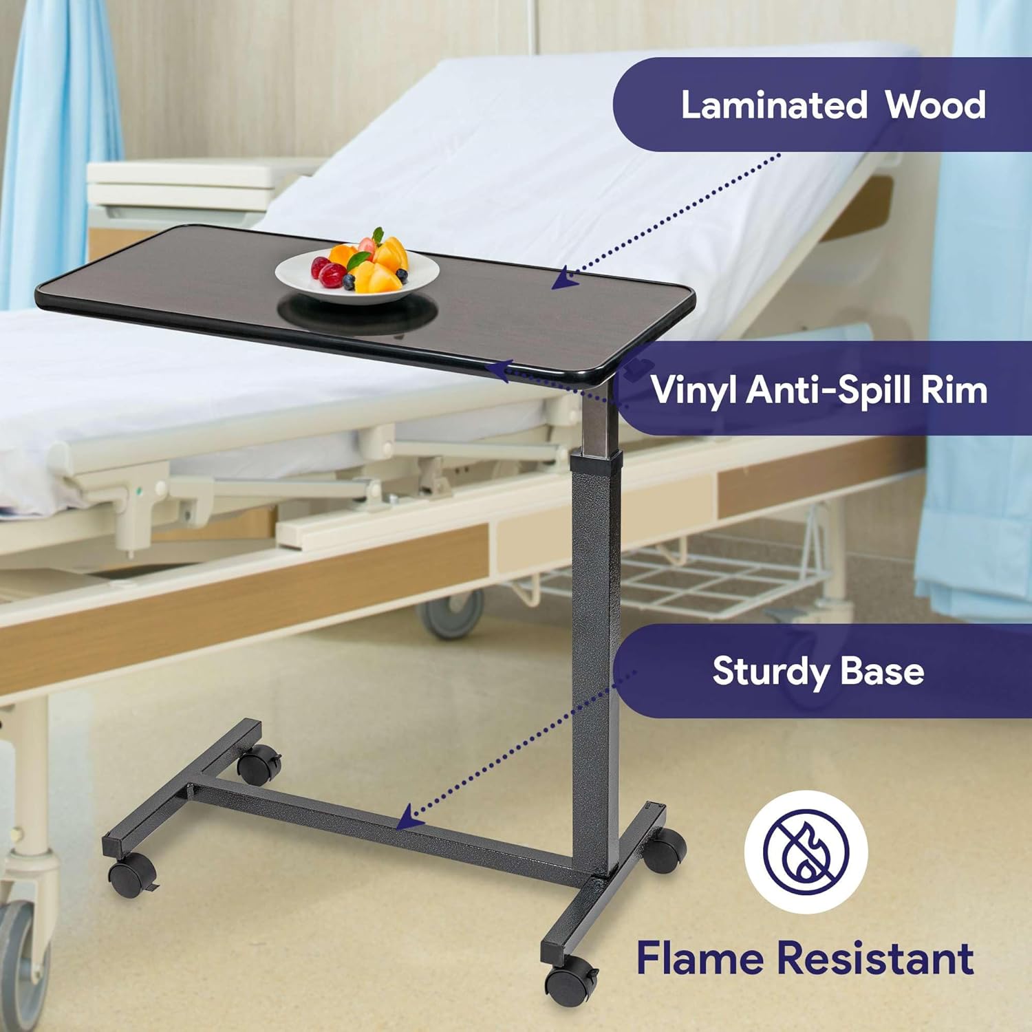 Mahogany Overbed Table with Wheels - Over Bed Table with Wheels, Adjustable Height, and Wood Top - Medical Rolling Bedside Table for Hospital and Home Use