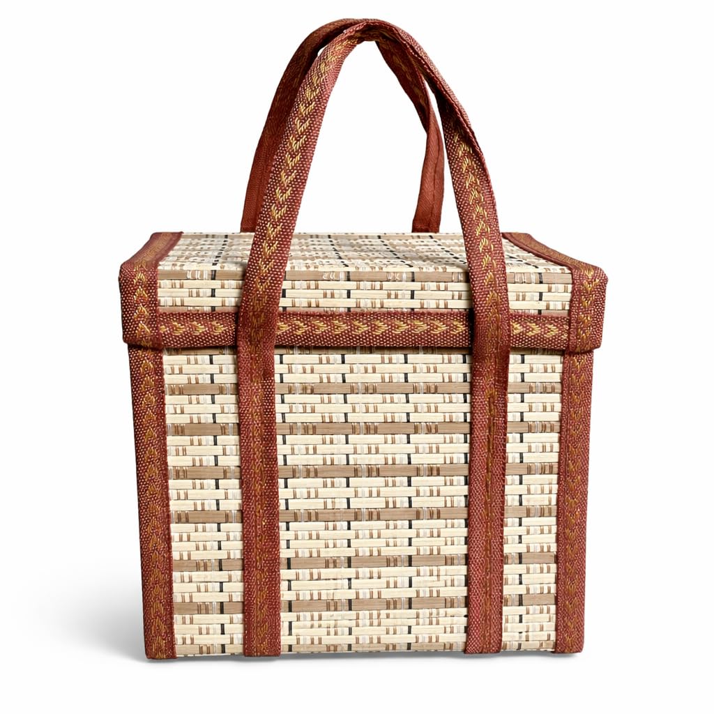 Woven Bamboo Picnic Basket with Lid and Eco Friendly Lunch Bag, Natural and Brown, Handwoven Storage Hamper with Handles-image-34