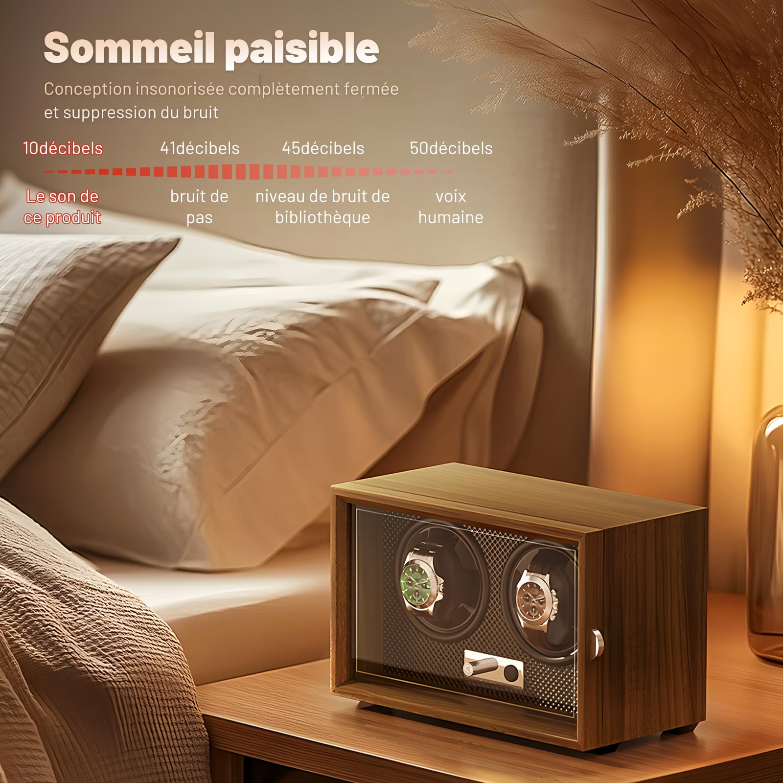 Remontoir pour 2 montres, bois de noyer noir, 4 modes de rotation avec éclairage LED, ultra silencieux