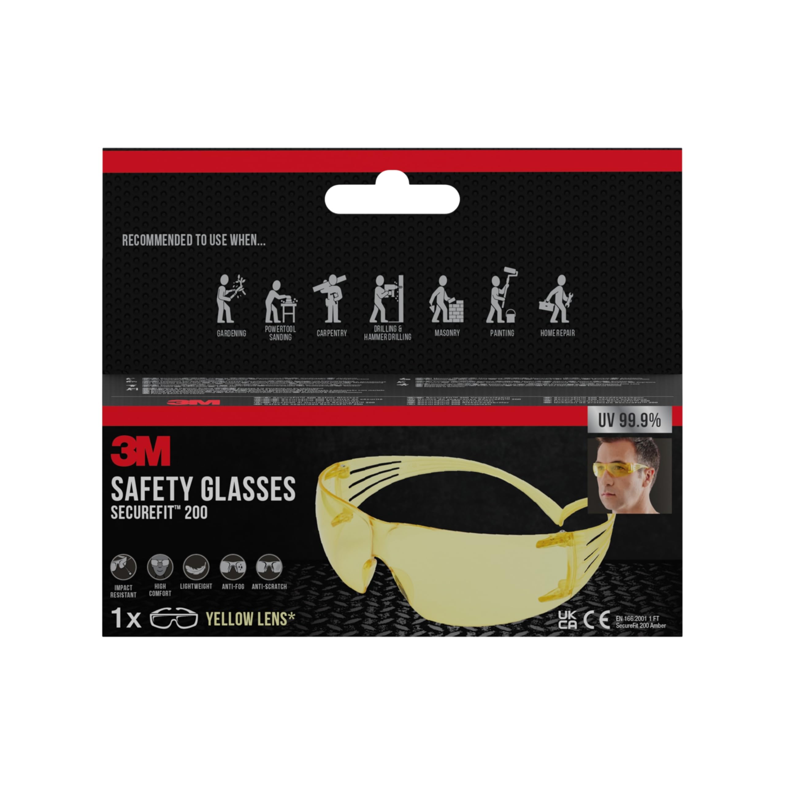 3M SecureFit™ 200 Safety Glasses SF200Y-1, Yellow Lens