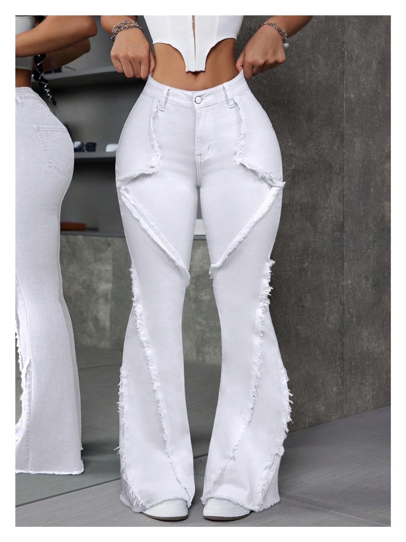 Damen High Waist Ausgefranste Schlagjeans Stretch Figurformende Denim Hose