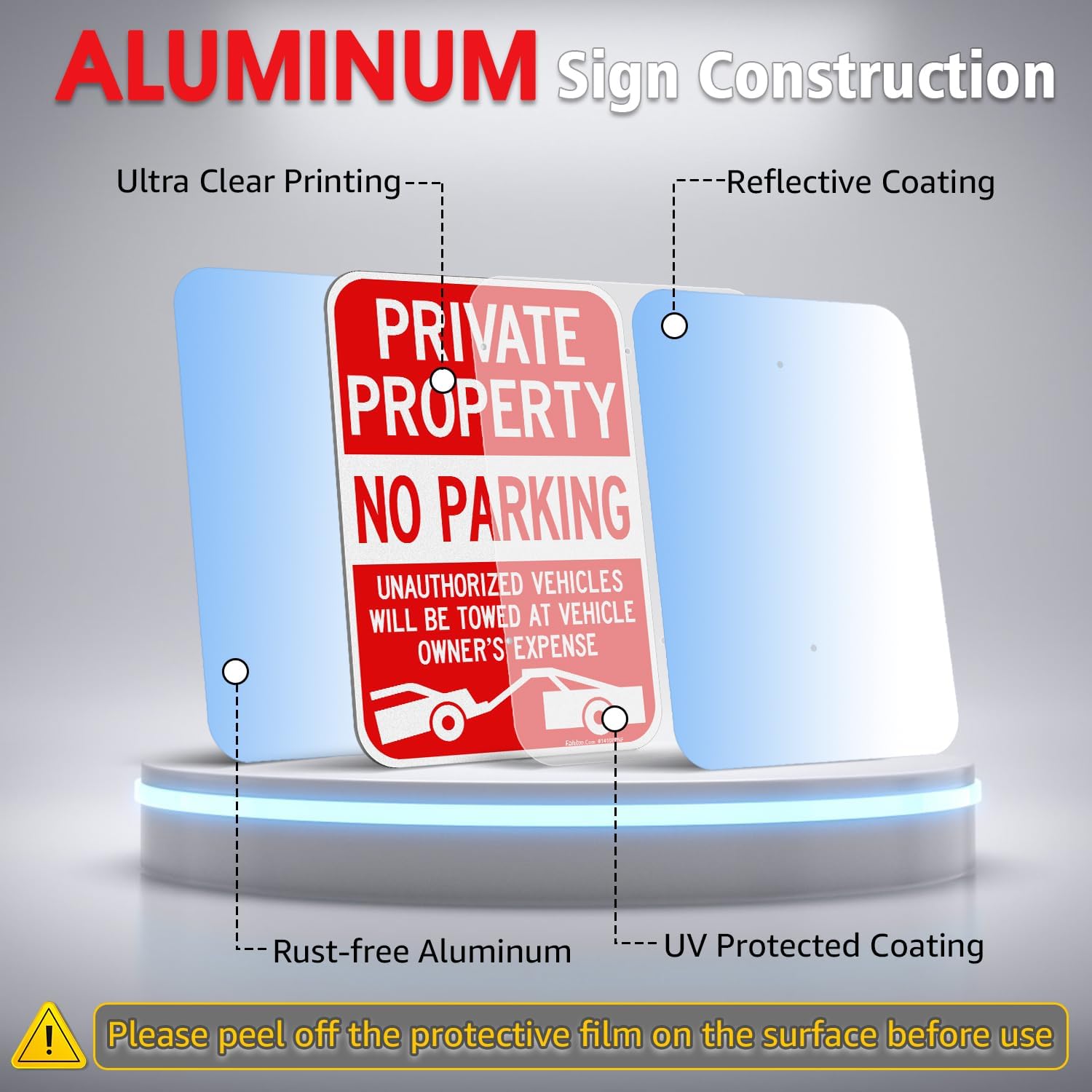 Faittoo Large Private Property No Parking Sign with 36" Stake, 4-Pack 14"x10" Vehicle Towed At Owner's Expense Aluminum Sign, Reflective, 2 pre-drilled holes, Includes Matching Screws & Wrench