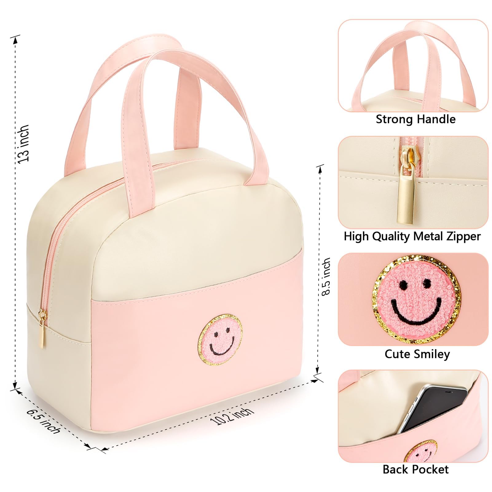 Hirabbi Lunch Bag for Women Large Insulated Lunch Box Reusable Lunch Tote with Preppy Soft Leather Bag for Work School Picnic Travel (White&Pink) - Image 2