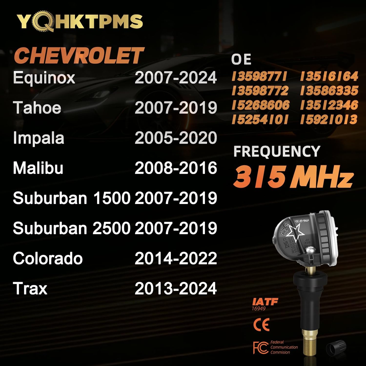 TPMS GM 315MHz Pre-Programmed,Compatible with Chevrolet Equinox 2007-2024 | Tahoe 2007-2019/OE#13598771 Tire Pressure Monitoring Sensor(Set of 4)
