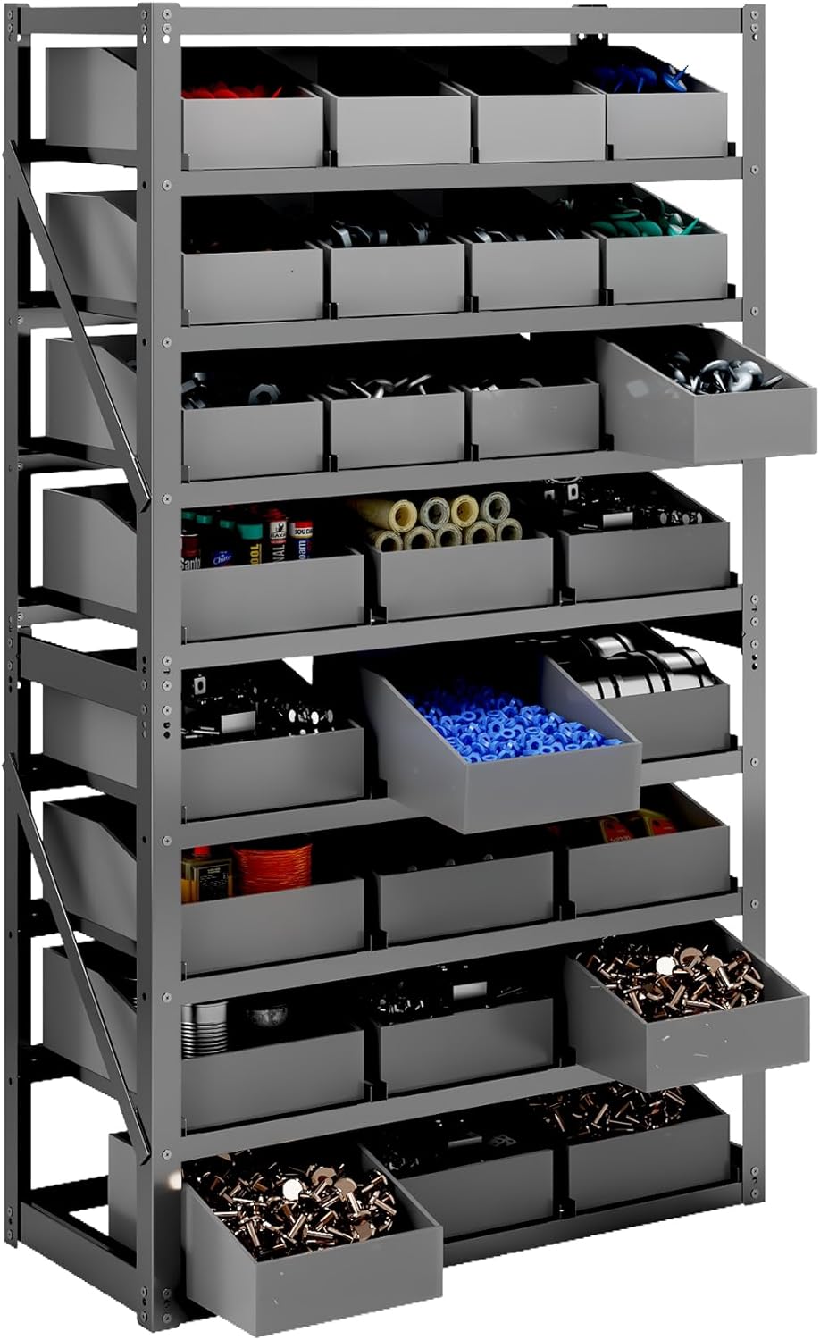 Bin Rack Storage System, 9-Tier Storage Shelves with 27 Bins, Solid Steel Shelving Unit, Organizer for Garage, Warehouse, Office, Restaurant, Kitchen, 37.1" x 15.8" x 65", Gray
