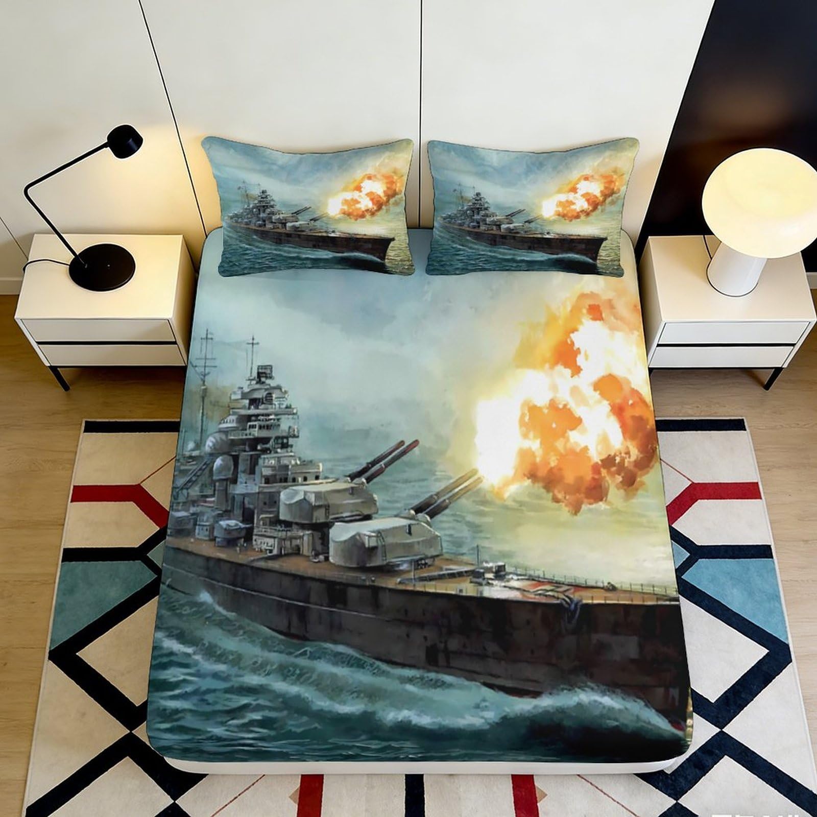 3D Printed Battleship Explosion Fitted Sheet Microfiber Soft Bedroom Decor Warship Bed Cover Dorm Protection 90x200x25cm