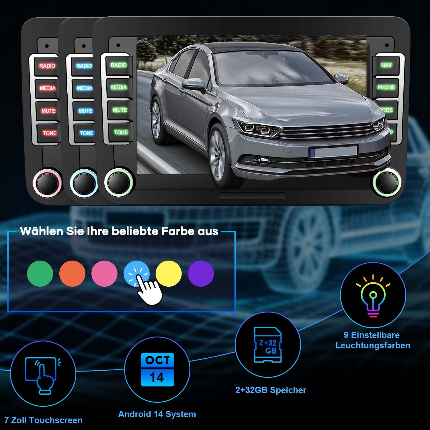 Autoradio mit Bildschirm Bluetooth für VW Polo Golf 5 6 T5 Passat Caddy Seat Skoda, 2Din Auto Radio 7 Zoll Touch Display Android 14,mit DAB Navi WLAN Carplay Android Auto Lenkrad Strg