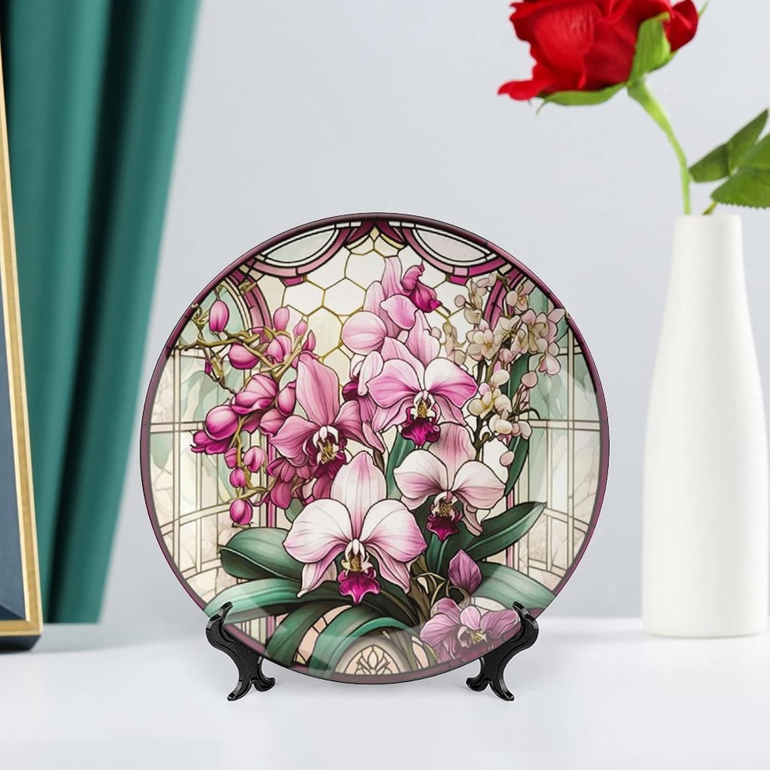 Decorative Plates for Home Decor, Stained Glass Window Design w/Orchid Decor Tray for Table Display, Ceramic Dinner Plate w/Stand, Living Room Dining Room Decor, Housewarming Gifts, 8 Inch