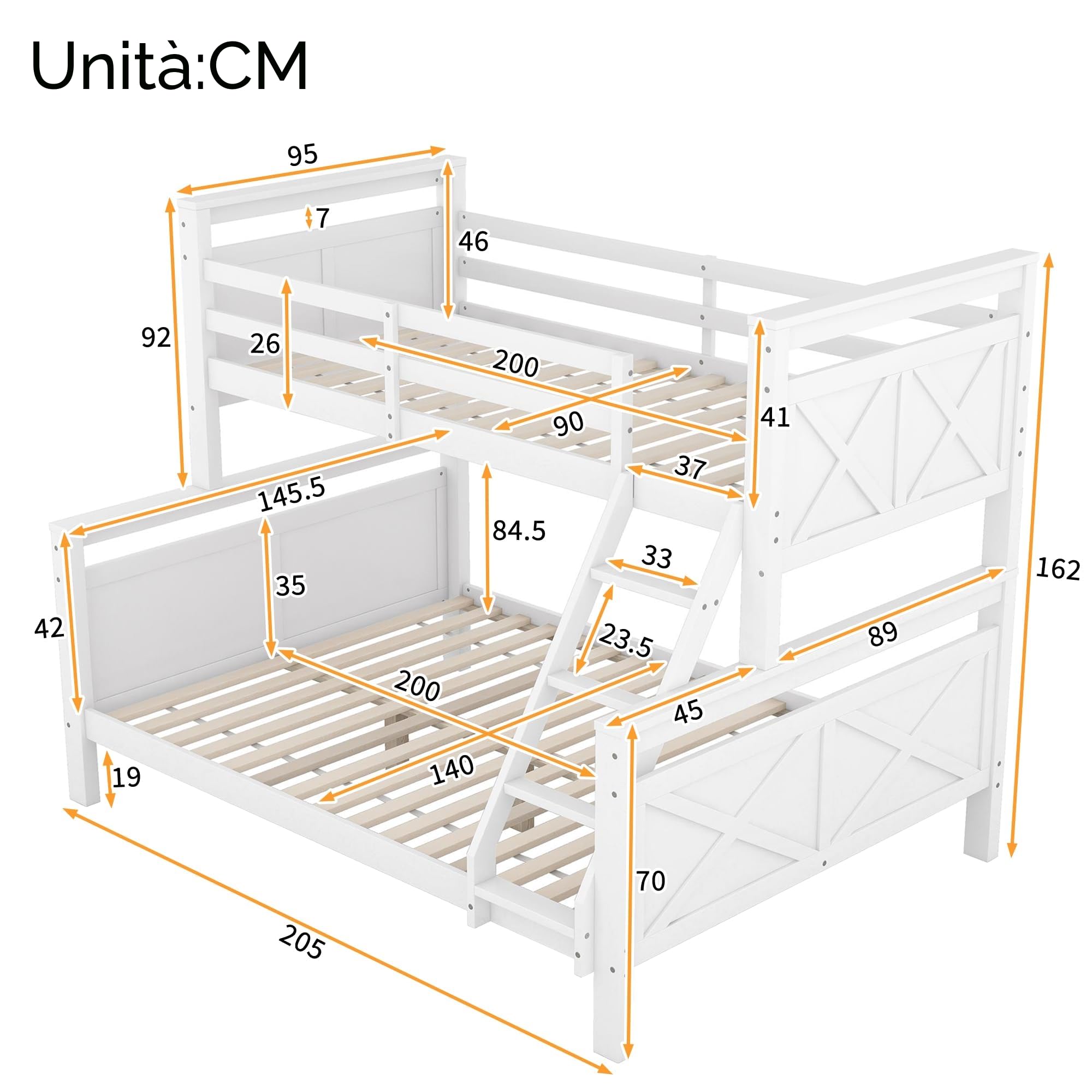 Moimhear - Letto a castello 90 (140) x 200 cm, con scala e ringhiera di sicurezza, trasformabile in 2 letti separati, letto in legno per bambini, ragazzi e adulti, bianco