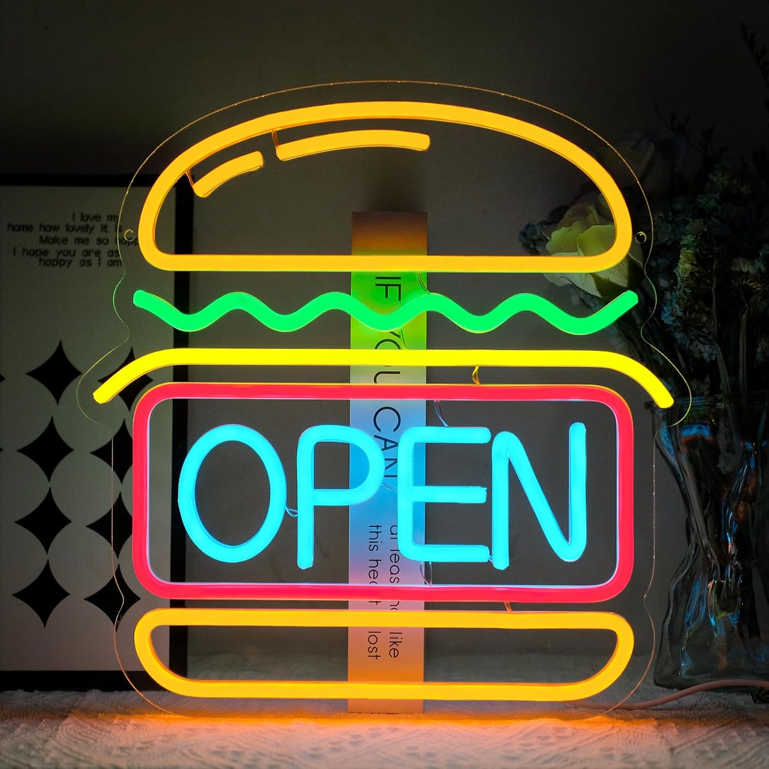 Burgers Open Neon Sign for Wall Decor Dimmable Hamburger Led Lights Signs Open Signs for Business Food Neon Light Room Decor for Bar Party Snack Shop Restaurant Gift USB Powered