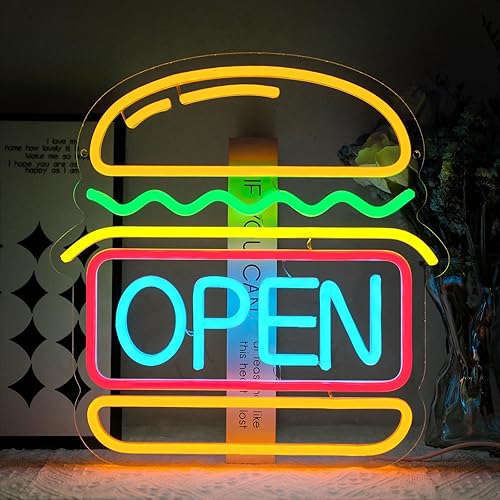 Burgers Open Neon Sign for Wall Decor Dimmable Hamburger Led