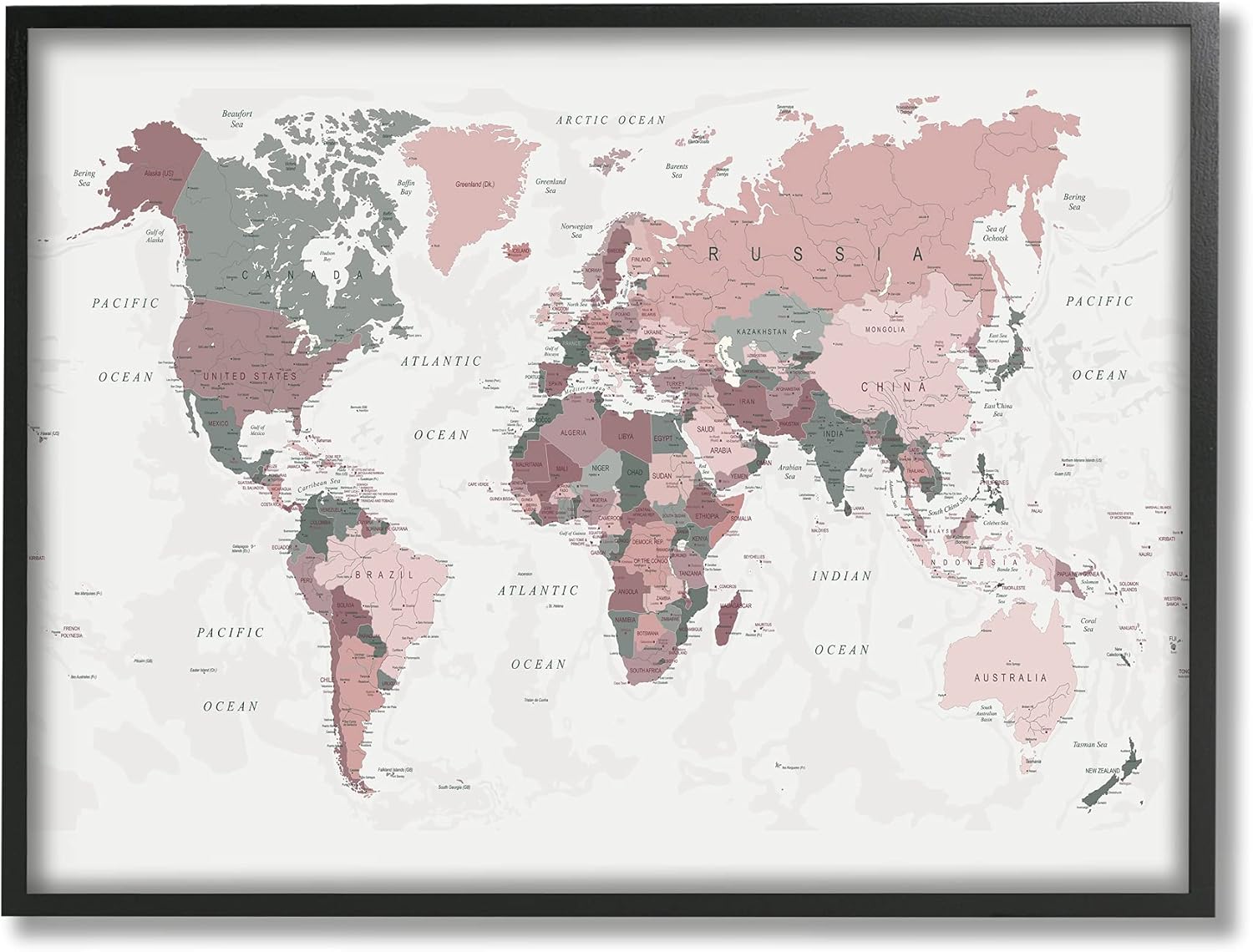 Stupell Industries World Map Patterned Waters Monochromatic Pink Regions