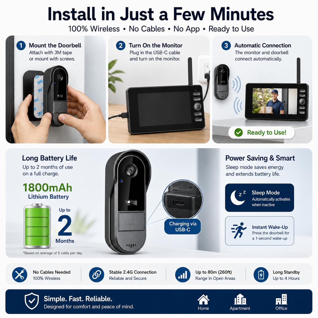 Timbre con Camara Exterior 1080P Videoportero Inalambrico con Pantalla IPS de 4,3 Pulgadas de Video, Audio Bidireccional, Visión Nocturna, 170° Gran Angular, Conexión Bluetooth, No Requiere WiFi