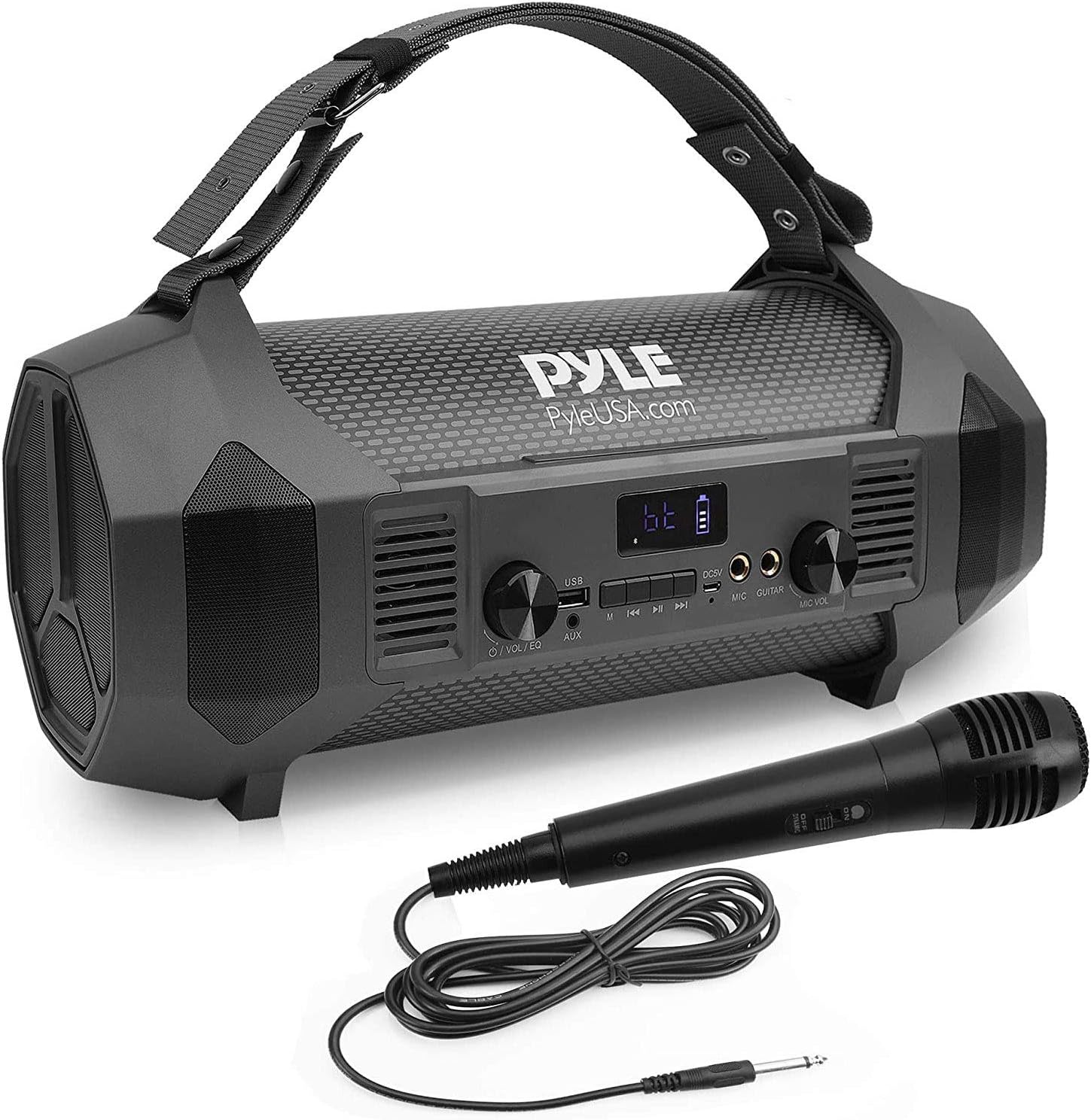 pyle wireless portable bluetooth boombox speaker - 600w rechargeable boom box speaker portable barrel loud stereo system with aux input, usb, 1/4" mic in, fm radio, dual 4" subwoofer - pyle pbmspg122