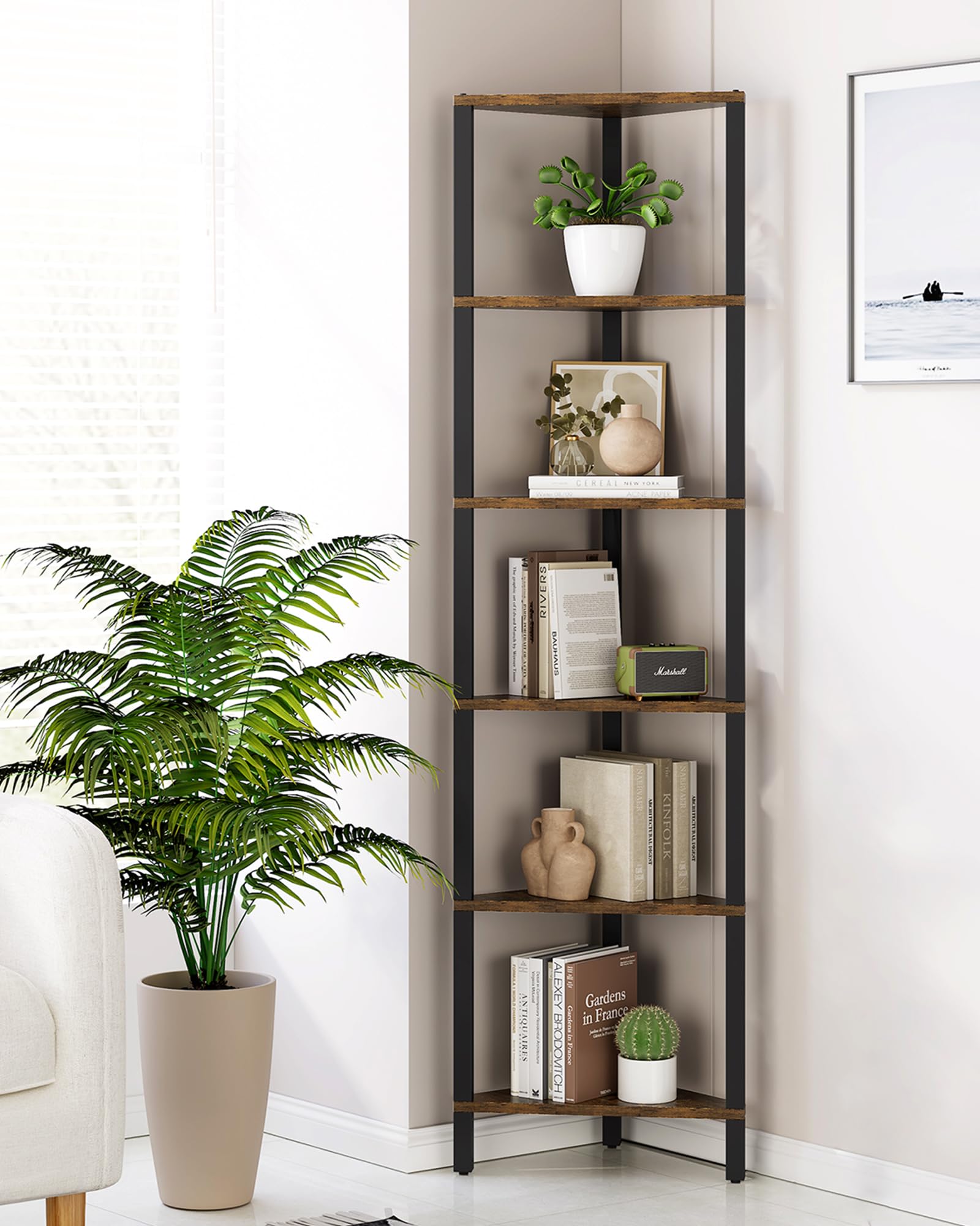 TUTOTAK Corner Shelf, 6-Tier Corner Bookshelf for Small Space, Narrow Display Corner Shelf Stand with Storage Rack, for Living Room, bedroom, Rustic Brown BS05BB006EU